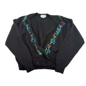 Breckenridge Black Floral Embroidered Cardigan Sweater Women's Sz Small Vintage